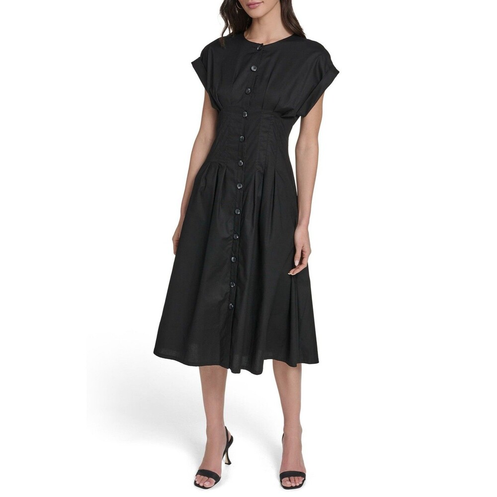 CALVIN KLEIN Women’s New Midi ShirtDress Black 8 Fit Flare Button Front Pintuck